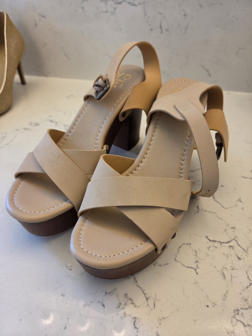 Yoki Beige Cross-Strap Platform Slingback Sandals